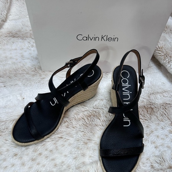 Calvin Klein Black Espadrille Wedge Sandals Bellemine Pebble Grain - Picture 2 of 10